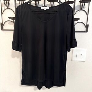 Black v-neck blouse with soft flutter sleeve